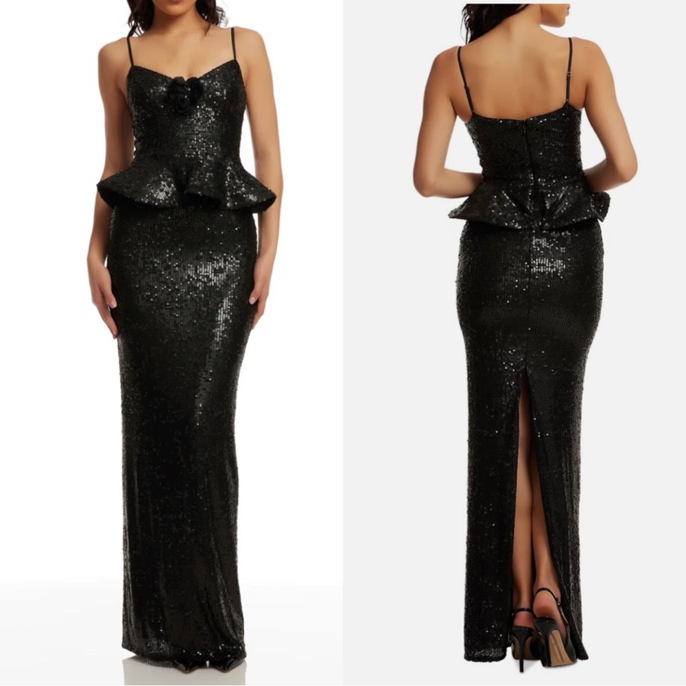 NWT Dress the Population Akiah Black Sequin Peplum Maxi Gown Dress Women S